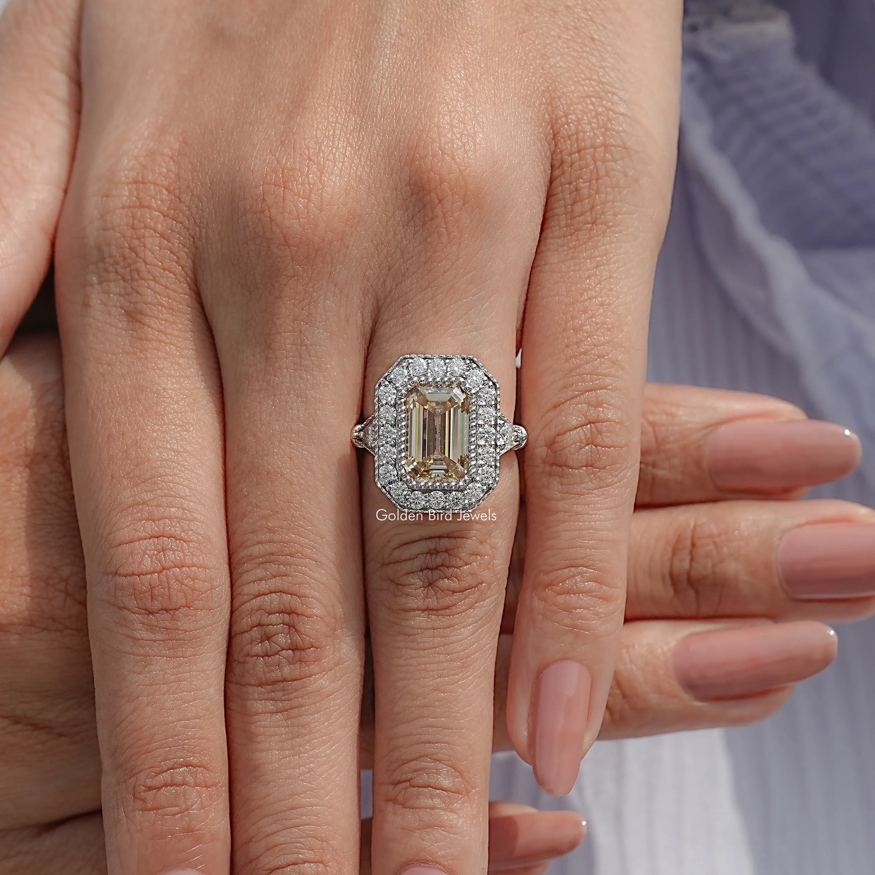 Old Mine Emerald Cut Moissanite Engagement Ring