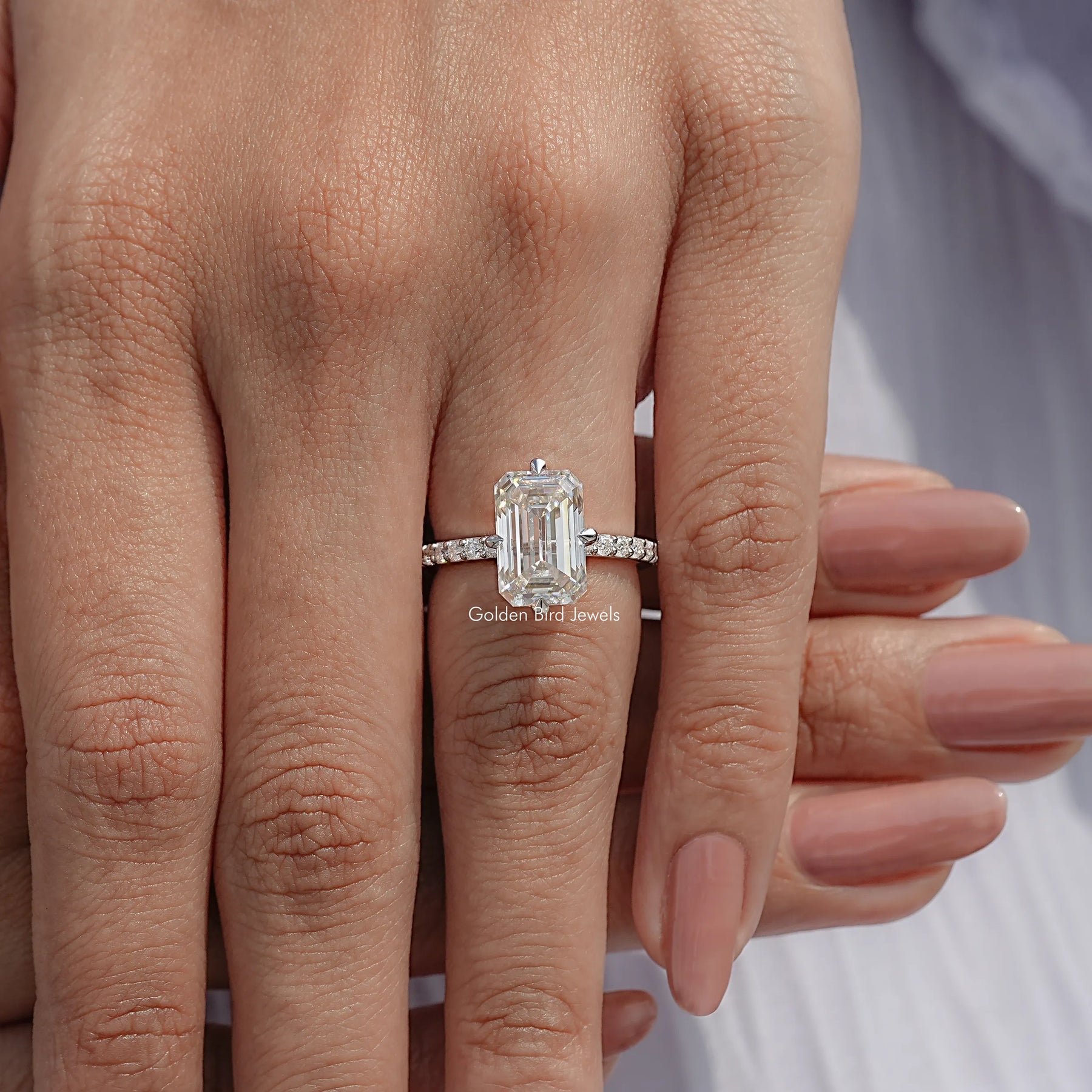 Old Mine Emerald Cut Moissanite Accent Ring