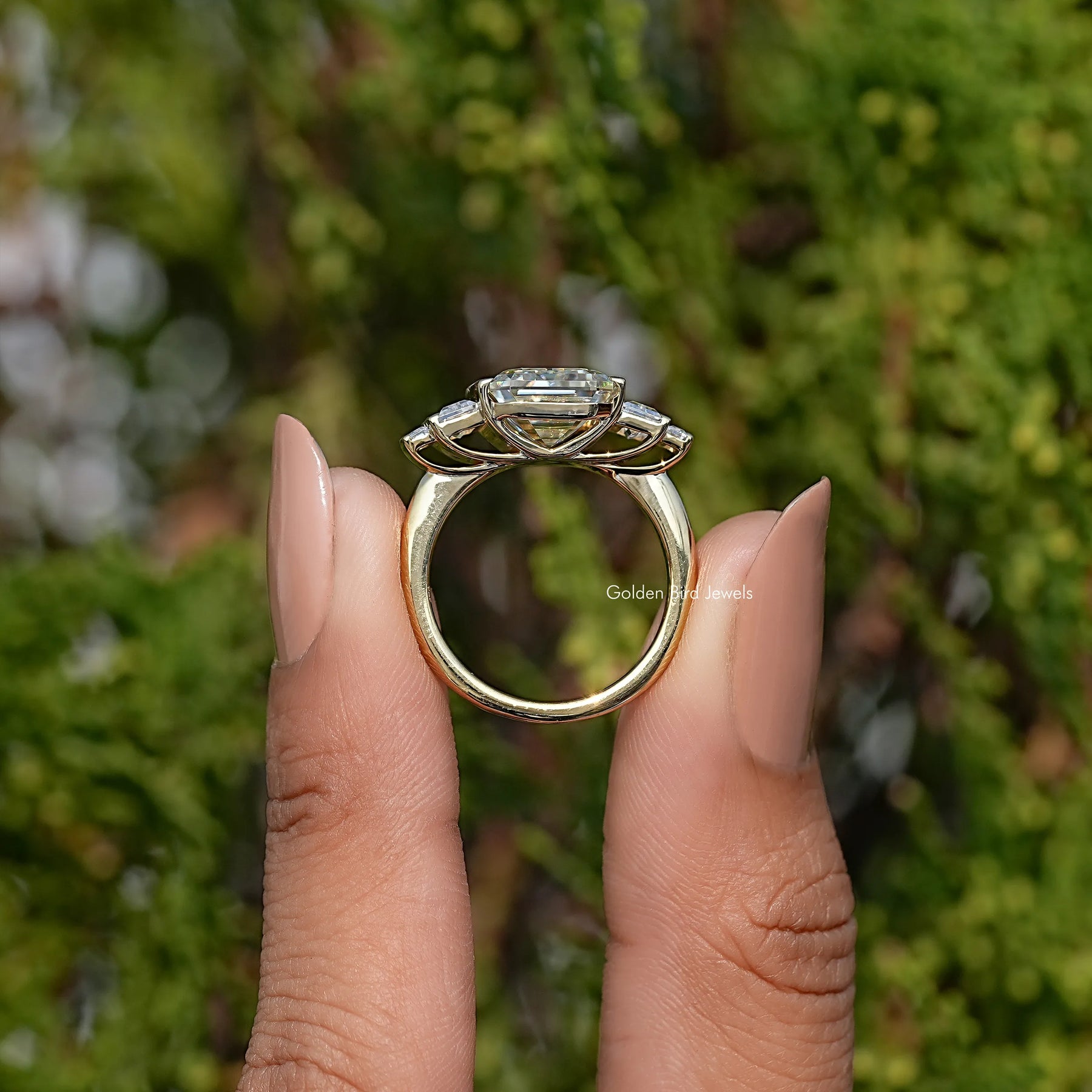 Old Mine Emerald Moissanite Five Stone Ring