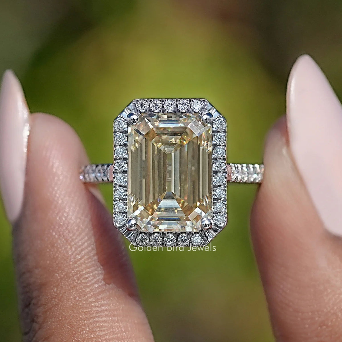 Old Mine Emerald Moissanite Halo Accent Ring