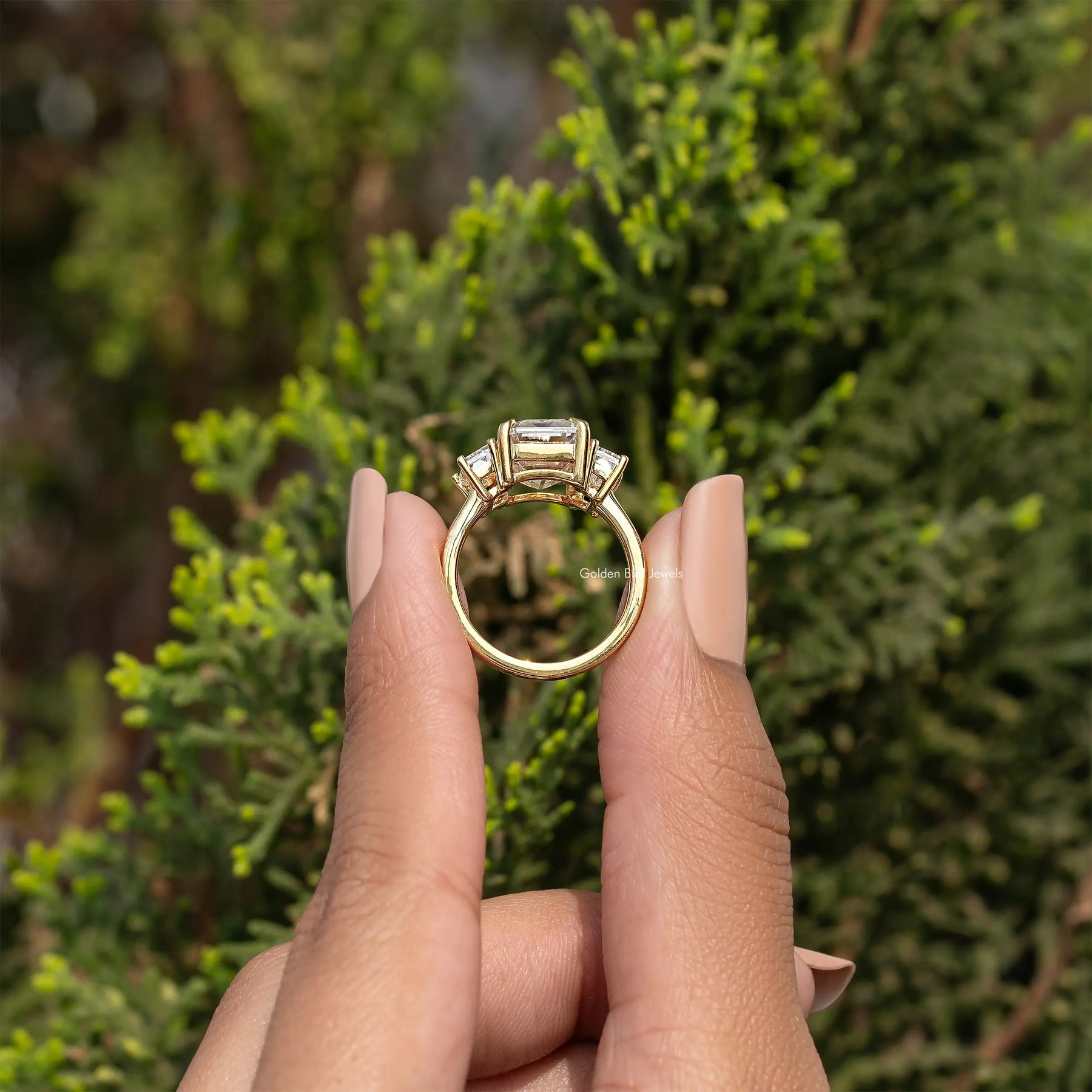 Three Stone Old Mine Emerald Cut Moissanite Engagement Ring