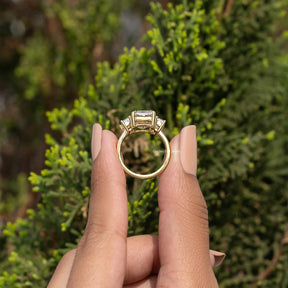 Three Stone Old Mine Emerald Cut Moissanite Engagement Ring