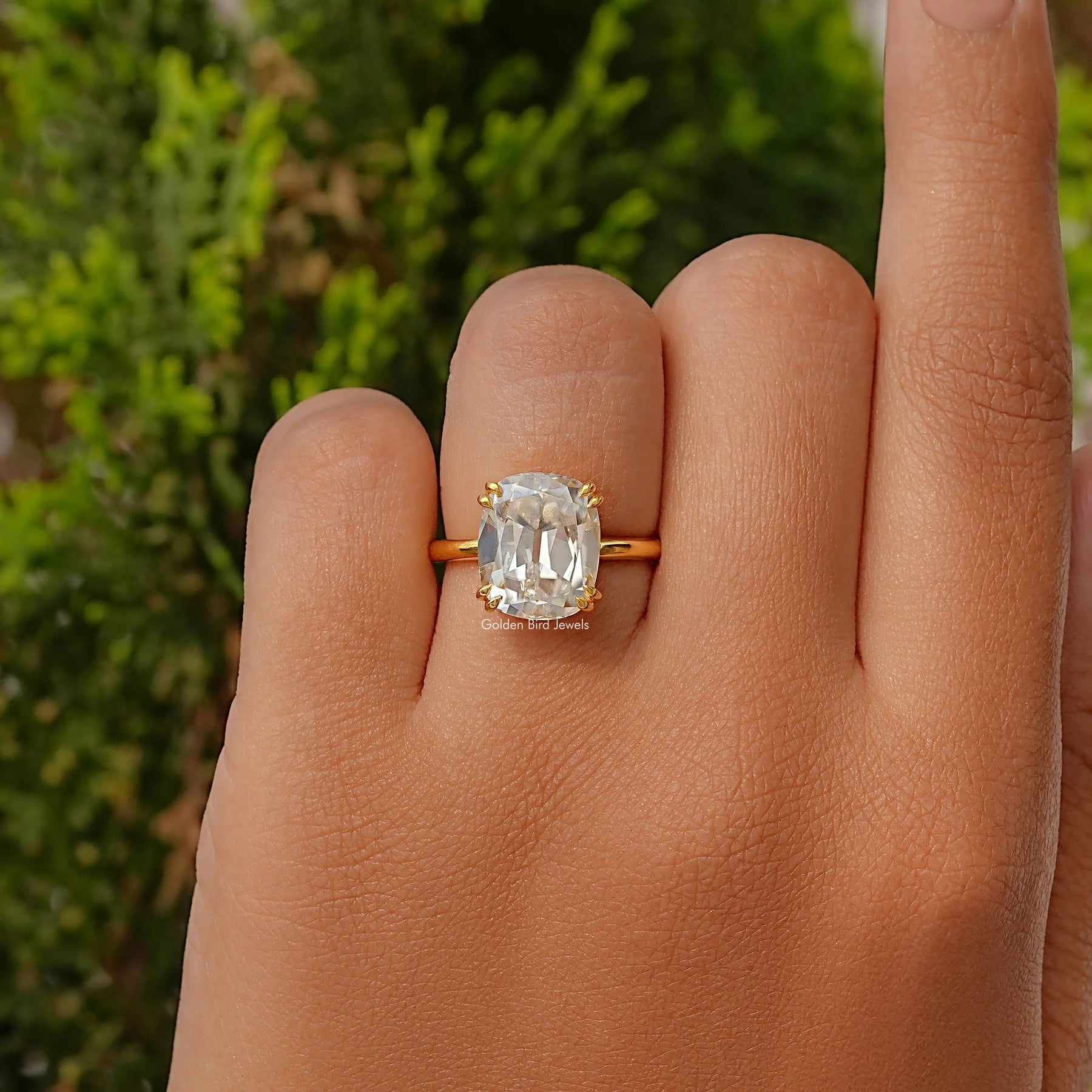 Elongated Old Mine Cut Cushion Solitaire Moissanite Ring