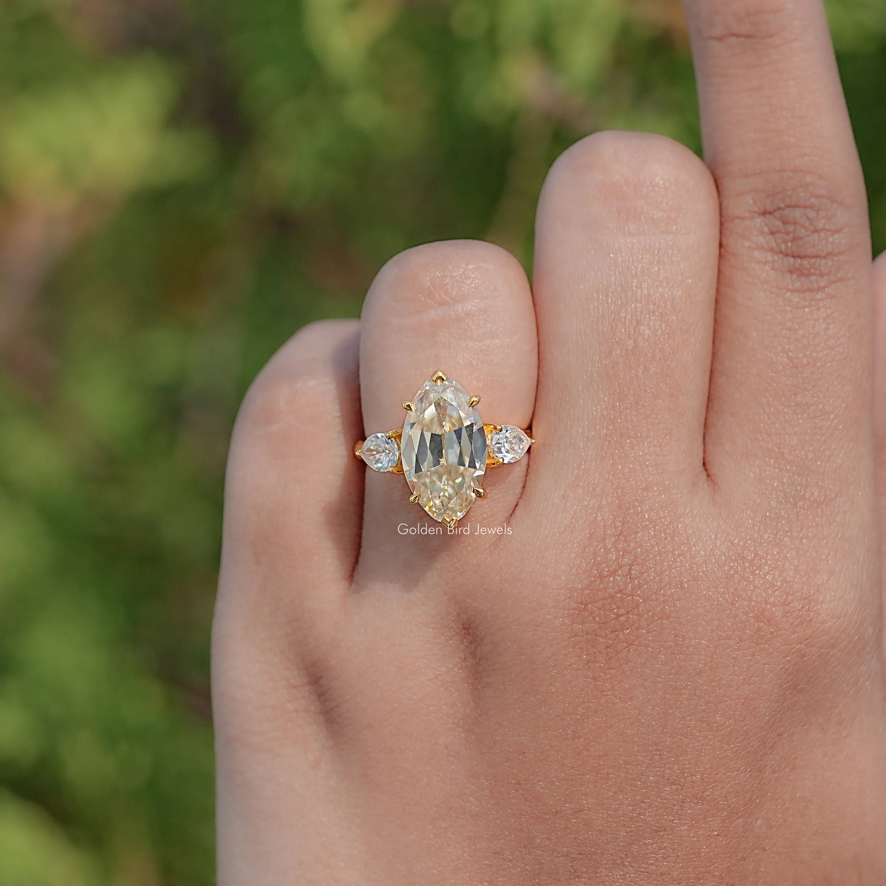 Old Mine Moval And Pear Moissanite Three Stone Ring