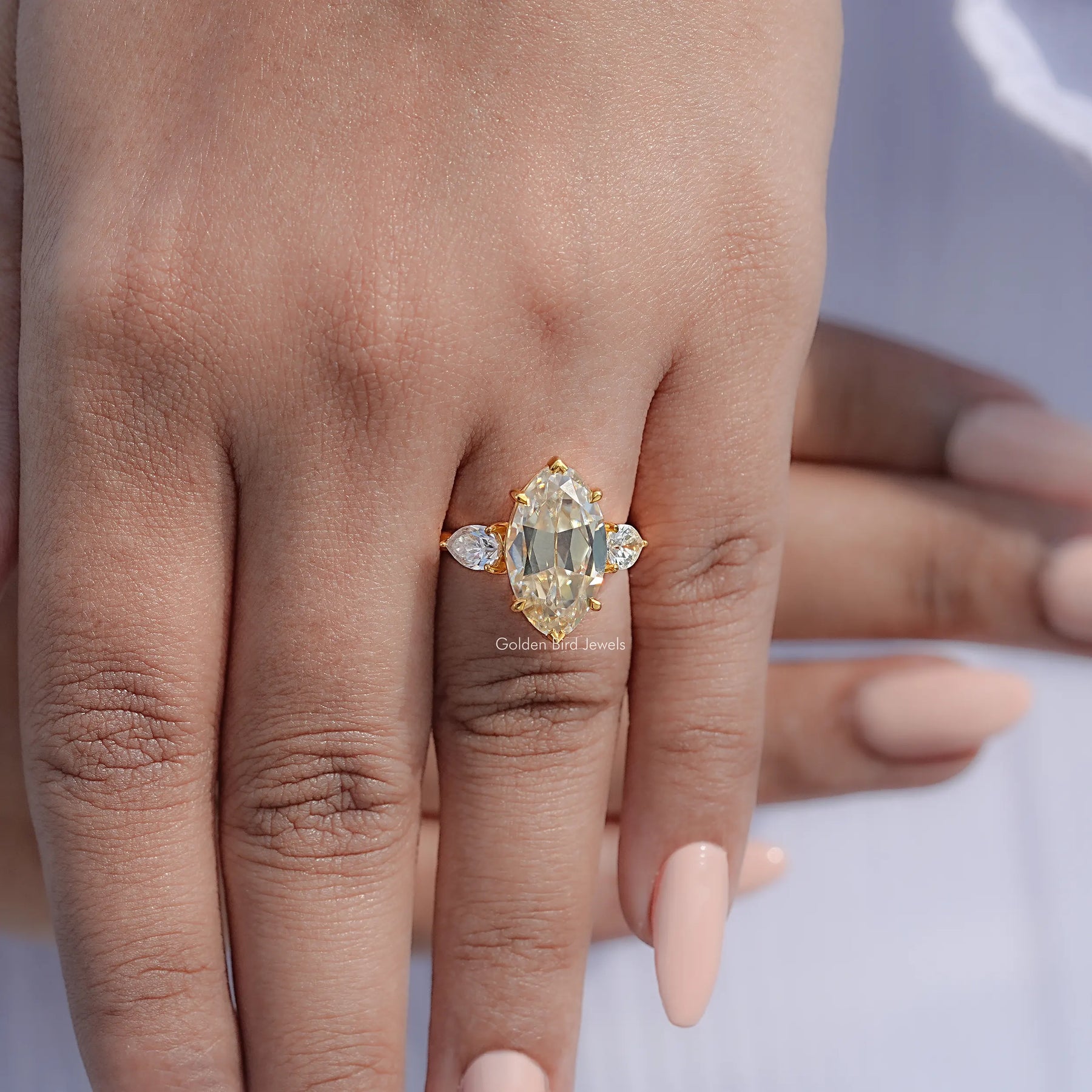 Old Mine Moval And Pear Moissanite Three Stone Ring