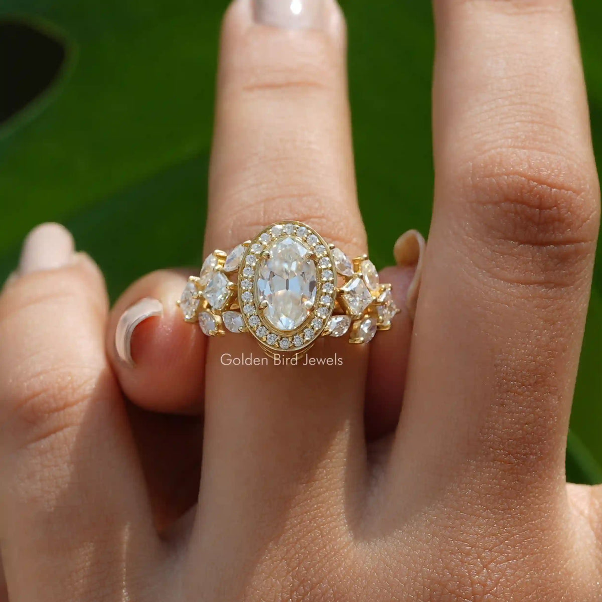 [Old mine moval cut moissanite halo engagement ring made in yellow gold]