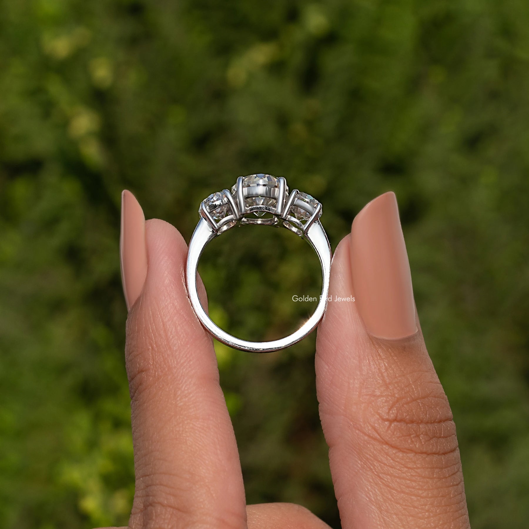 Old Mine Oval Cut Three Stone Engagement Ring