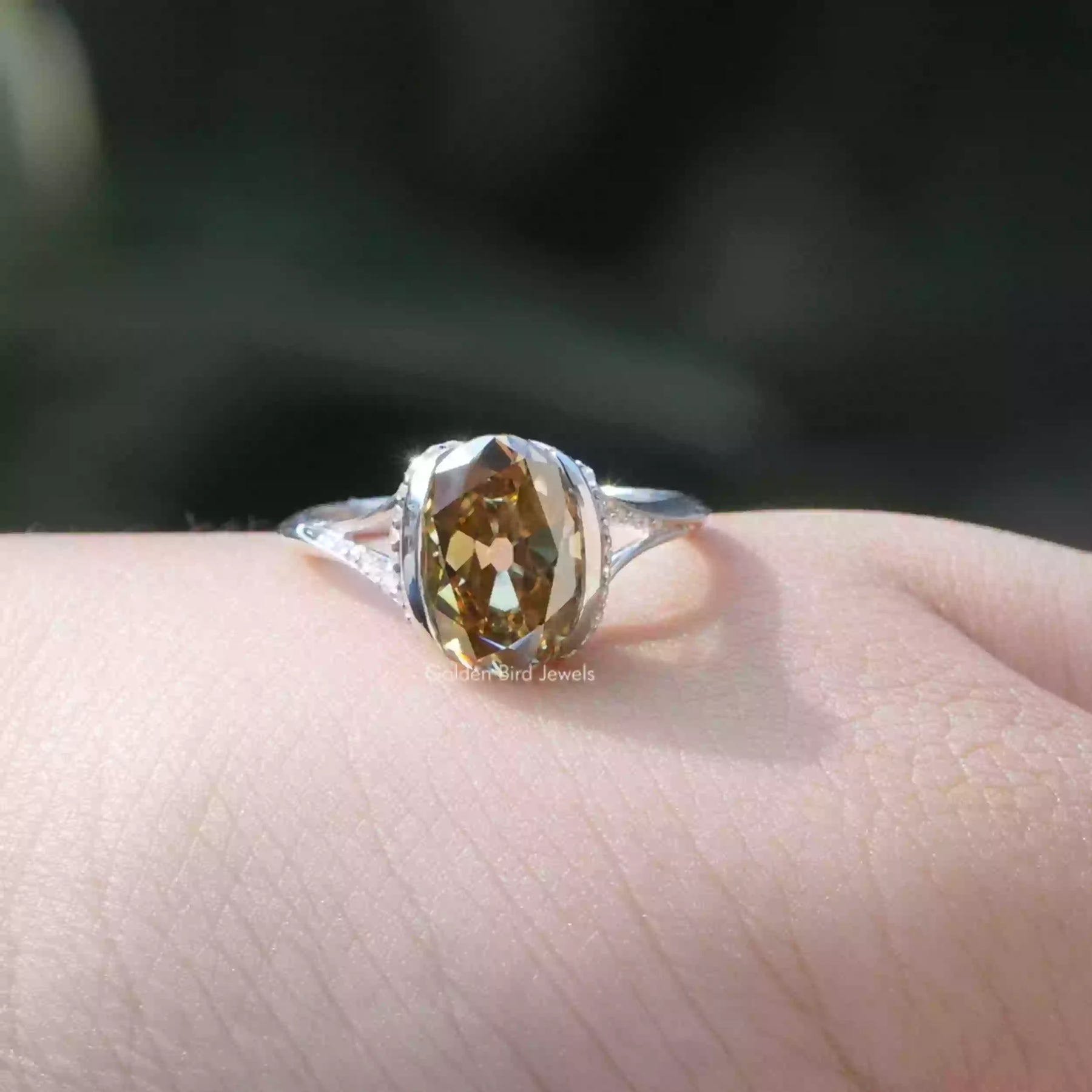 [Front view of brown old mine oval cut moissanite ring]-[Golden Bird Jewels]