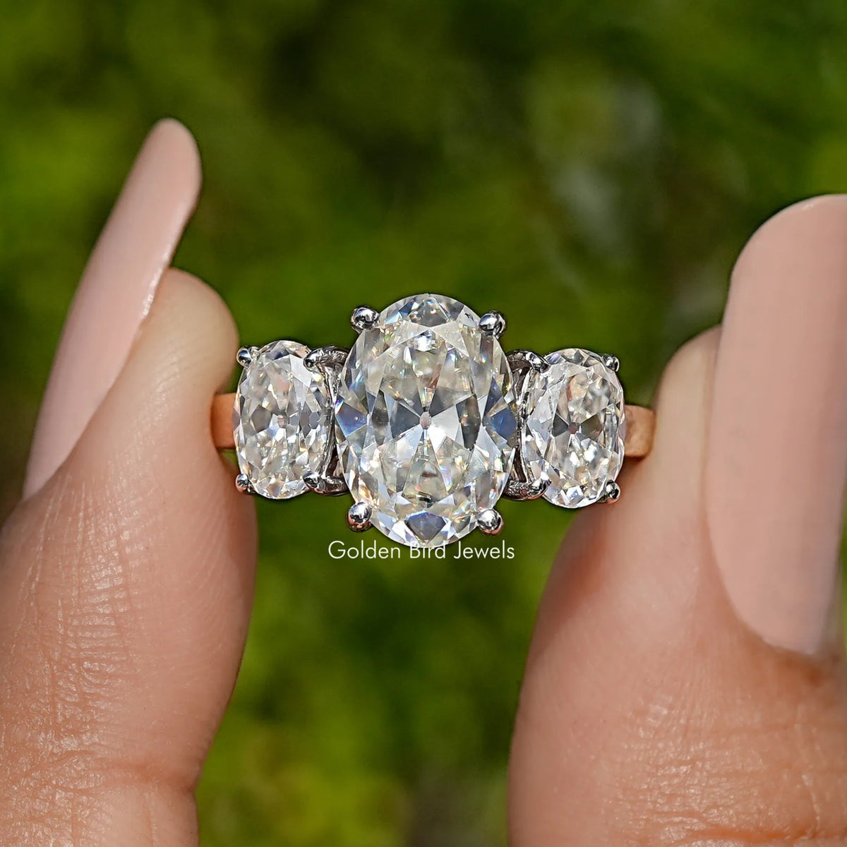 Old Mine Oval Cut Three Stone Engagement Ring