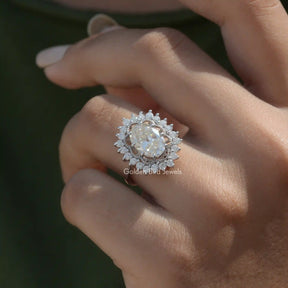 [Old Mine Oval Cut Moissanite Vintage Ring With Round Cut Stones]-[Golden Bird Jewels]