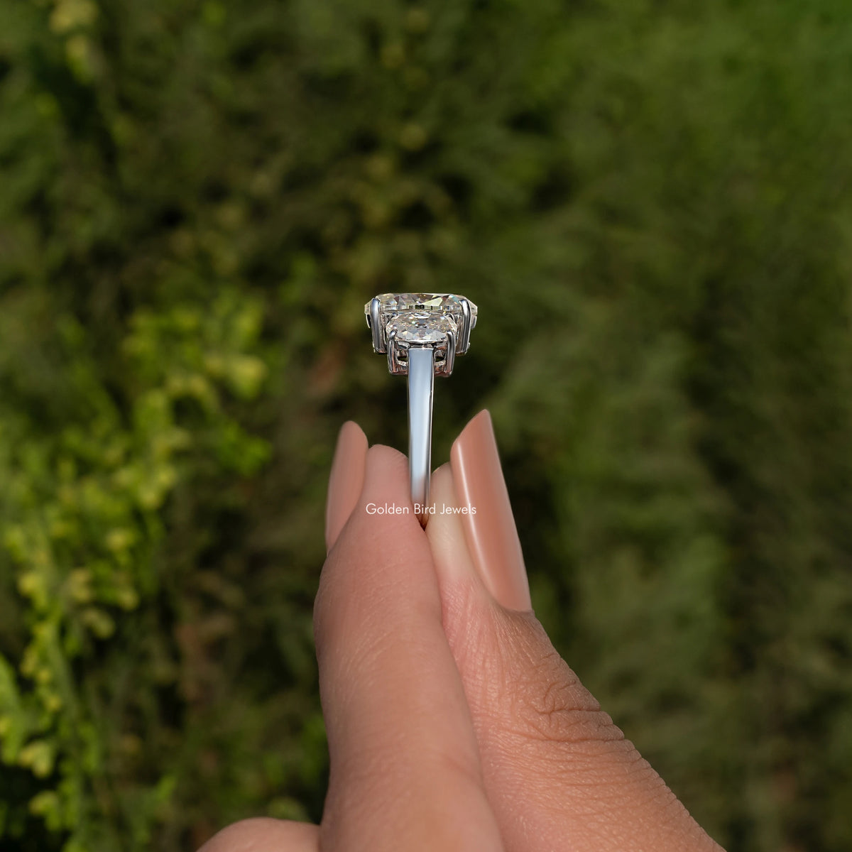 Old Mine Oval Cut Three Stone Engagement Ring