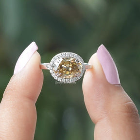 [Front view of old mine oval cut moissanite halo style ring]-[Golden Bird Jewels]
