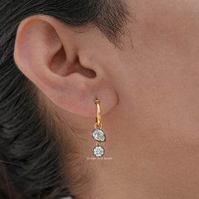 Old Mine Pear And Round Moissanite Dangle Hoop Earrings
