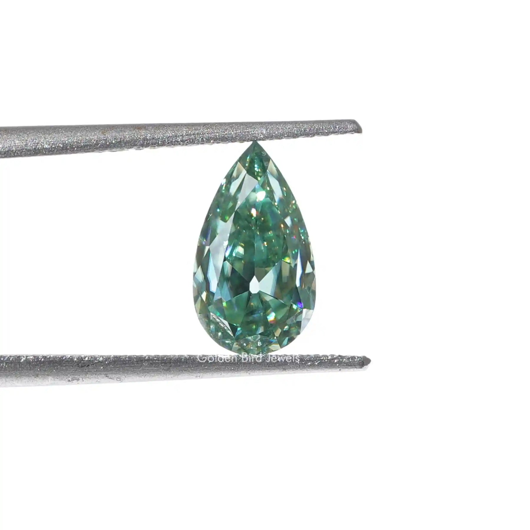 [Front view of pear cut loose moissanite crafted with blue green color]-[Golden Bird Jewels]