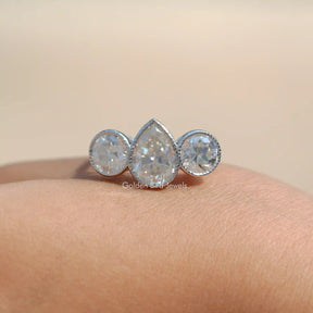 [3 Stone Moissanite Old Mine Pear Cut Ring]-[Golden Bird Jewels]