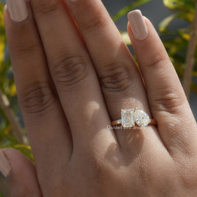 [In finger front view of moissanite old mine pear cut and criss cut two stone ring]-[Golden Bird Jewels]