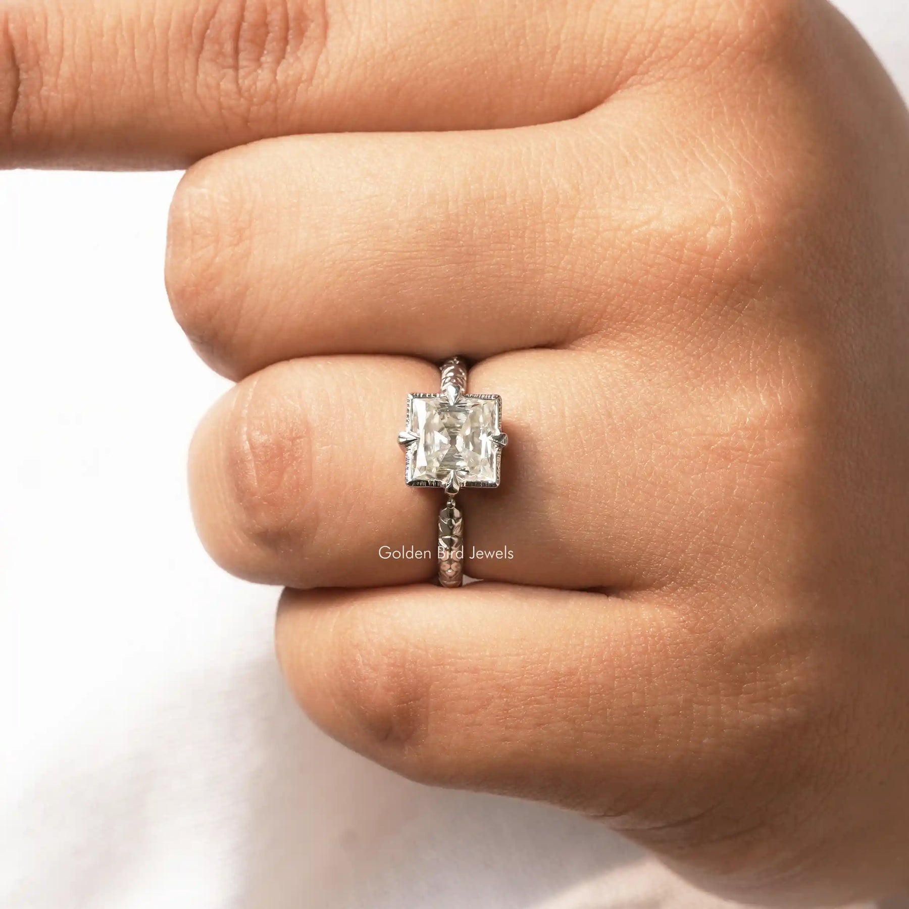[Front view of old mine princess cut solitaire moissanite ring]-[Golden Bird Jewels]