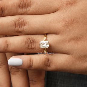 [In finger front view of radiant cut engagement ring crafted with prong setting]-[Golden Bird Jewels]