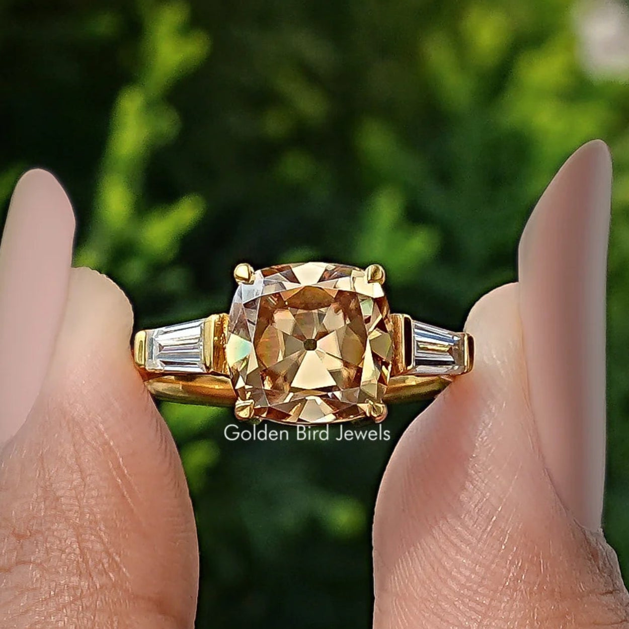 Old Mine Square Cushion Cut 3 Stone Engagement Ring