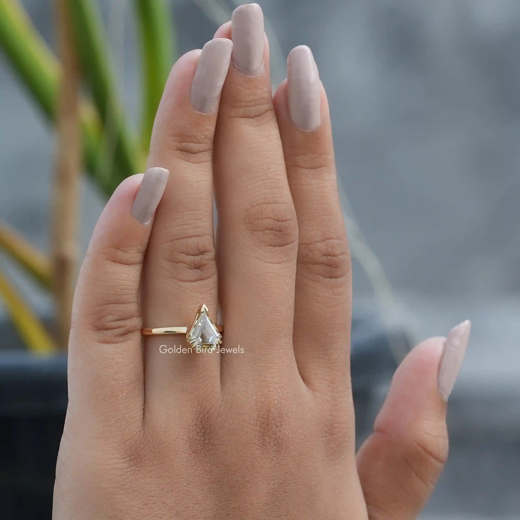 [In finger front view of old mine pentagon cut solitaire ring made of prong setting and yellow gold]-[Golden Bird Jewels]