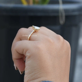 [Slightly folded finger side view of pentagon cut moissanite ring]-[Golden Bird Jewels]