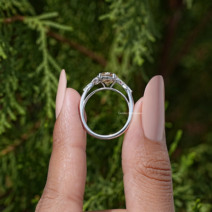 Oval Moissanite Gemstone Leaves Side Stone Wedding Ring