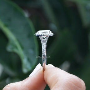 [Side view of oval cut halo engagement ring set in shank setting]-[Golden Bird Jewels]