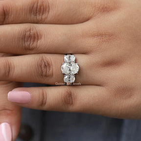[In finger front view of 3 stone moissanite ring in 18k white gold]-[Golden Bird Jewels]