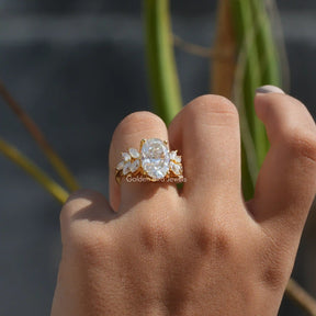 [Moissanite Oval Cut Cluster Engagement Ring Crafted With Marquise Cut Side Stones]-[Golden Bird Jewels]