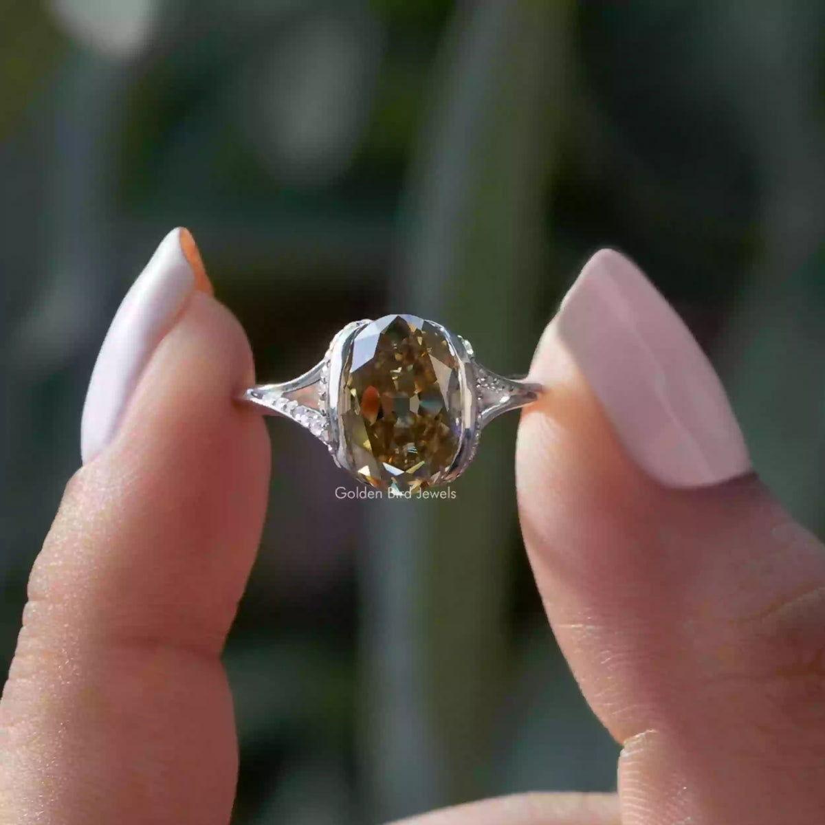 [3.35 carat old mine oval cut half bezel set engagement ring]-[Golden Bird Jewels]