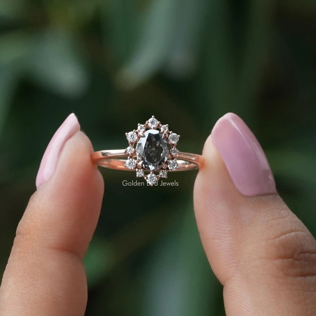 [Oval and round cut halo engagement ring]-[Golden Bird Jewels]