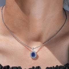 Blue Sapphire Oval Cut Gemstone Halo Pendant