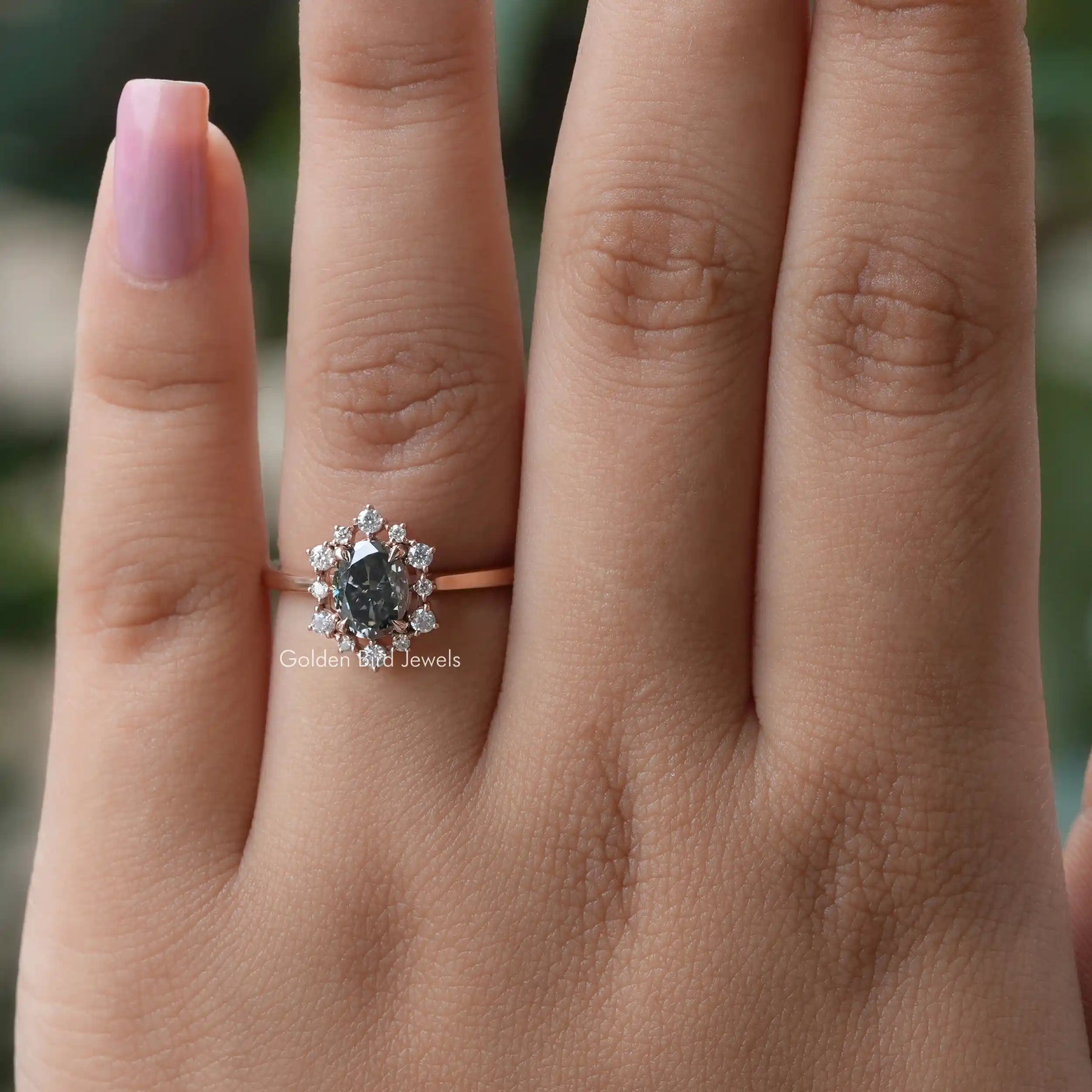 [Round and oval cut halo engagement ring]-[Golden Bird Jewels]