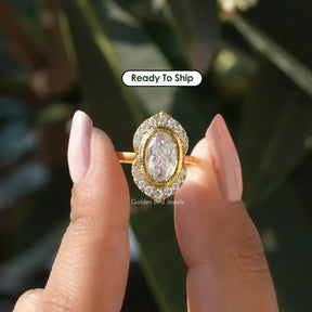 [Front view of colorless oval cut moissanite ring]-[Golden Bird Jewels]