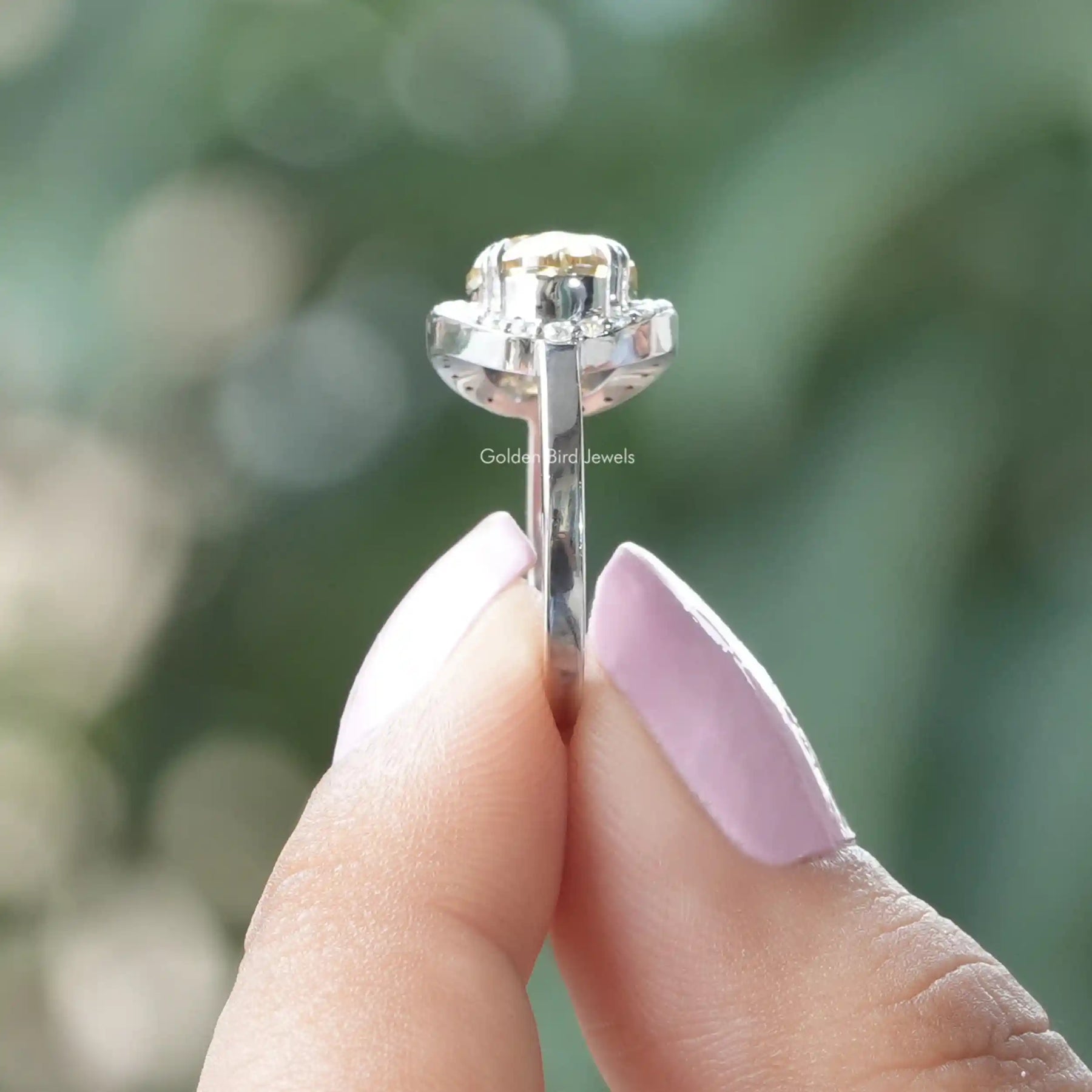 [Side view of old mine oval cut moissanite halo ring]-[Golden Bird Jewels]