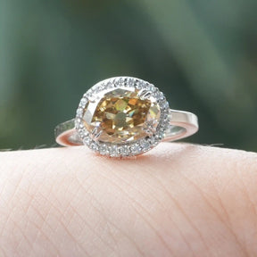 [Front view of oval cut halo style moissanite ring]-[Golden Bird Jewels]