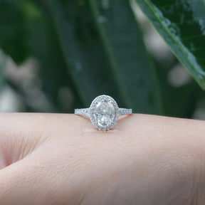[Front view of oval cut moissanite engagement ring made of white gold]-[Golden Bird Jewels]