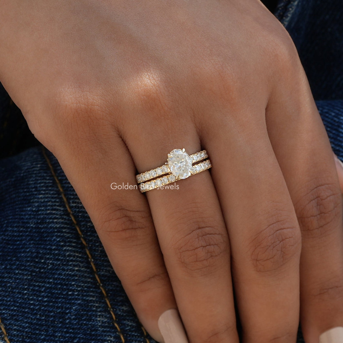  View of Oval cut moissanite hidden halo ring 