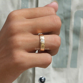 [Moissanite men's ring crafted with colorless oval cut stone in 14k yellow gold]