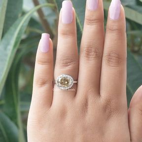 Detailed View Of Brown Oval Cut Moissanite Halo Ring In White Gold
