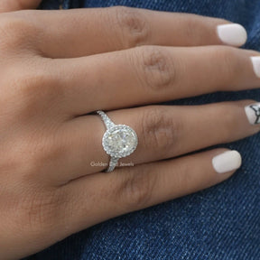 [In finger front view of oval cut solitaire engagement ring made of 14k white gold]-[Golden Bird Jewels]