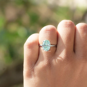Blue Oval Cut Moissanite Solitaire Ring