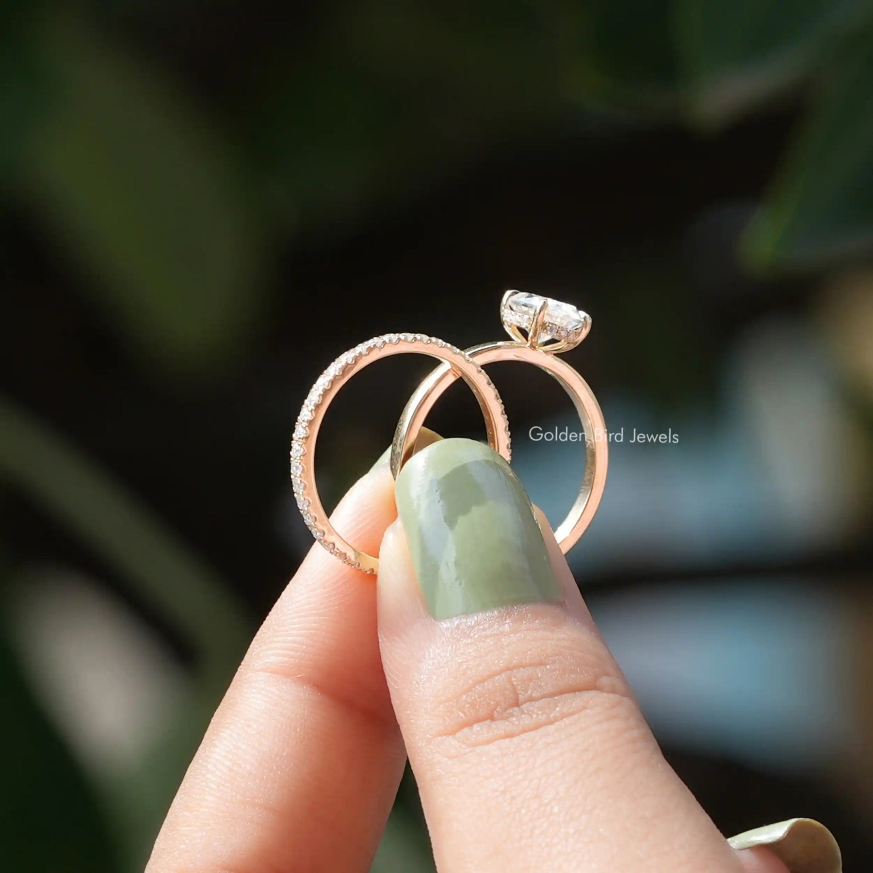 [Front view of oval cut hidden halo moissanite ring]-[Golden Bird Jewels]