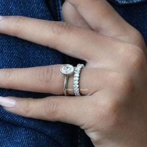 [In Finger Oval Cut Moissanite Bridal Wedding Ring Set Made In 18K White Gold]-[Golden Bird Jewels]