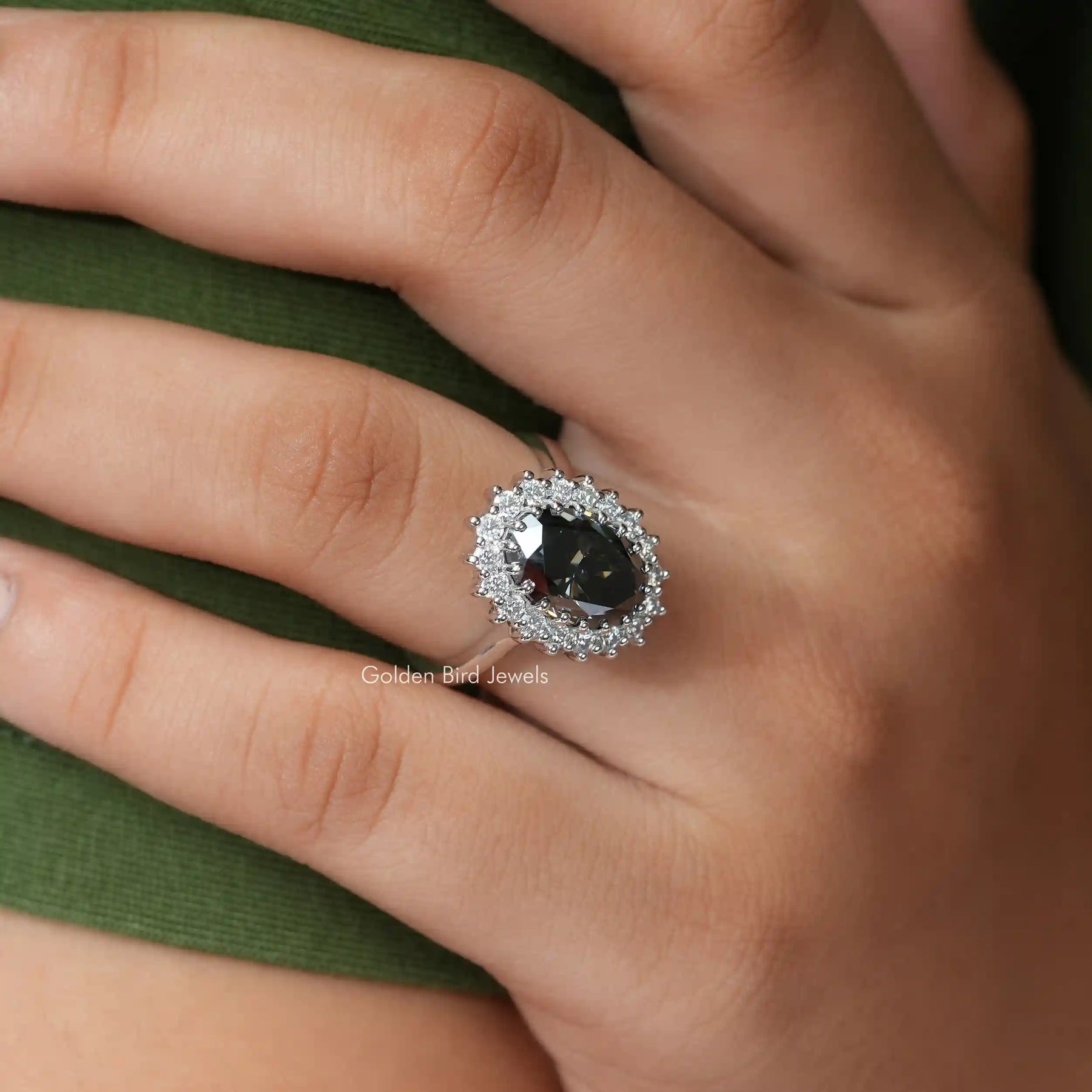 [Dark Grey Moissanite Engagement Ring Made In 18k White Gold]-[Golden Bird Jewels]