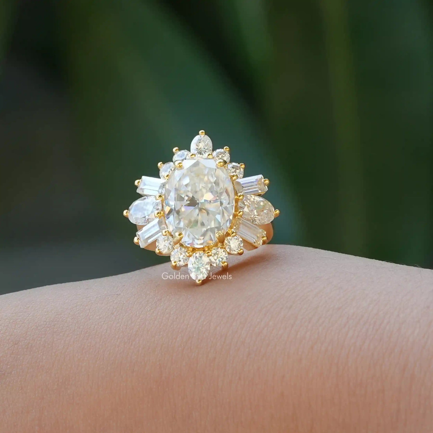 [This oval cut moissanite ring crafted with halo setting]-[Golden Bird Jewels]