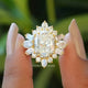 [Oval cut moissanite halo moissanite ring made of baguette  and oval cut side stones]-[Golden Bird Jewels]