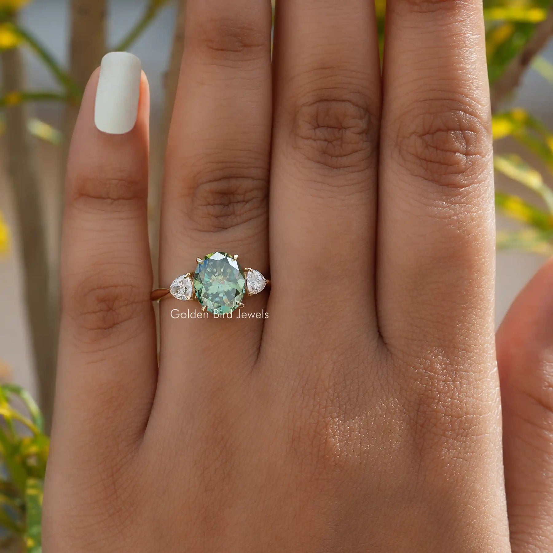 [This moissanite ring made of three stones with prong setting]-[Golden Bird Jewels]