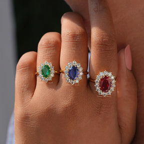 In finger front View of Red Ruby Oval Cut Engagement Ring In Yellow Gold
