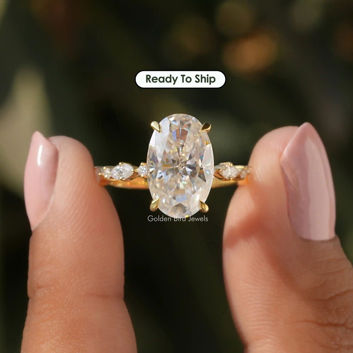 [Front view of crushed ice oval moissanite half eternity moissanite band]-[Golden Bird Jewels]